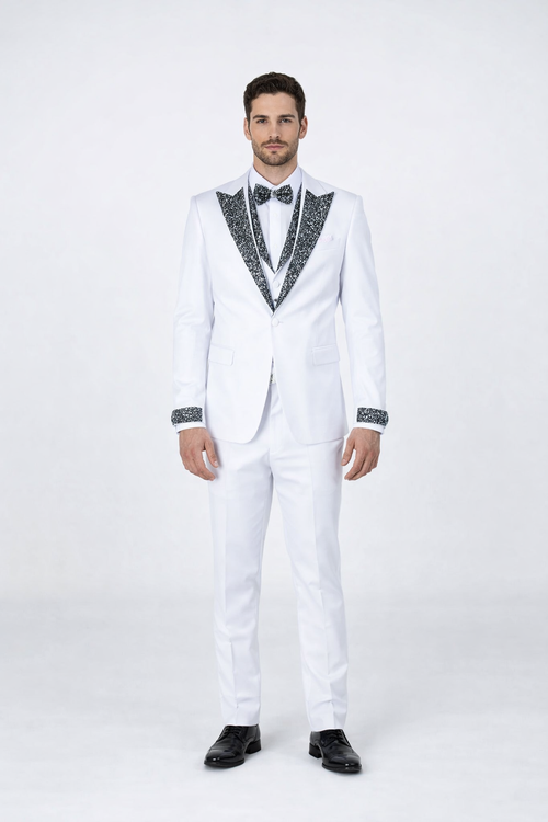 Men’s Designer White Peak Lapel Tuxedo with Stones – 4-Piece Set