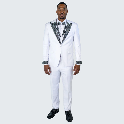 Men’s Designer White Peak Lapel Tuxedo with Stones – 4-Piece Set