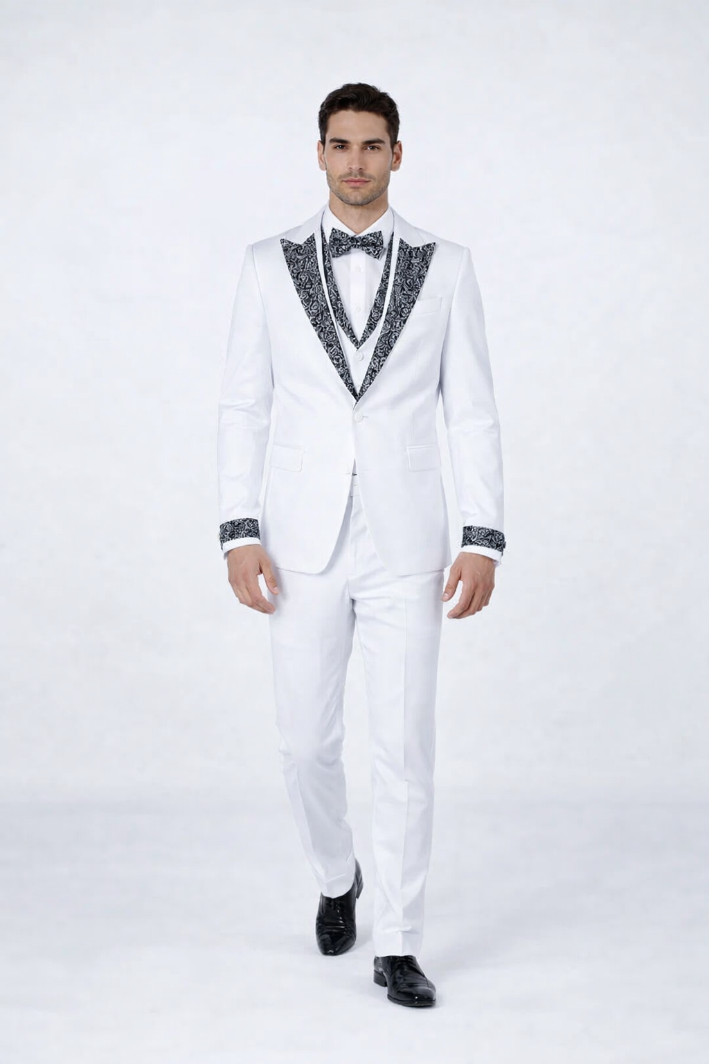 Men’s Designer White Peak Lapel Tuxedo with Stones – 4-Piece Set