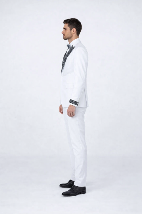 Men’s Designer White Peak Lapel Tuxedo with Stones – 4-Piece Set