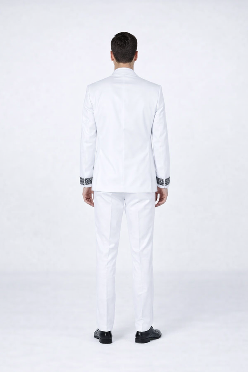 Men’s Designer White Peak Lapel Tuxedo with Stones – 4-Piece Set