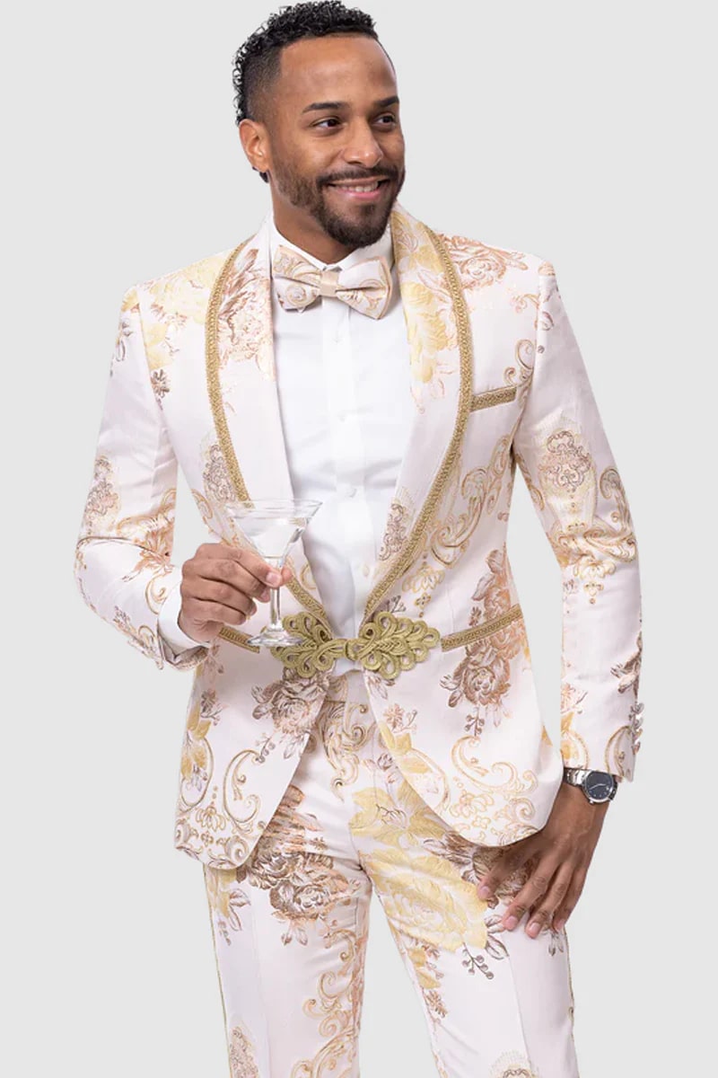 Mens 80s Prom Suit Perfect Outfit - Mens White & Gold Paisley Prom & Wedding Tuxedo White Prom Dress – SuitUSA