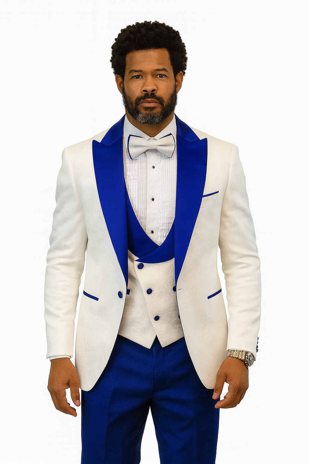 Hilton White and Royal Blue Paisley Peak Lapel Tuxedo Jacket with Matching Shawl Vest and Wool Pants - Includes Bow Tie by USA Men's Outlet