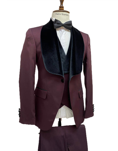 Maroon Prom Suit - Maroon Prom Tuxedo Suits - Maroon Wedding Tuxedo Mens Vested Designer Wide Velvet Shawl Tuxedo in Burgundy