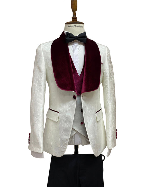 Maroon Prom Suit - Maroon Prom Tuxedo Suits - Maroon Wedding Tuxedo Mens Vested Designer Wide Velvet Shawl Tuxedo in Ivory Paisley by PROMTUXEDO