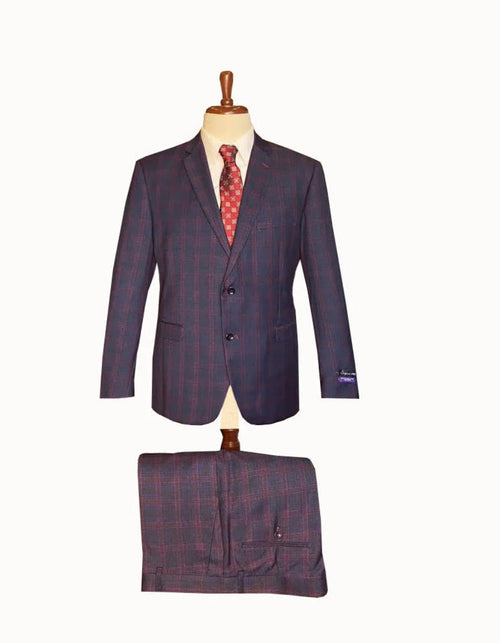 Mens Plaid Suits - Windowpane Wool Suits - Navy Blue with Dark Burgundy Pattern - Business Suit in Modern fit - Men's Tuxedo USA