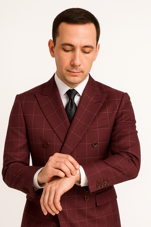 Naples Collection - Blue Modern Fit Double Breasted Windowpane Peak Lapel 2 Piece Suit by Vinci
