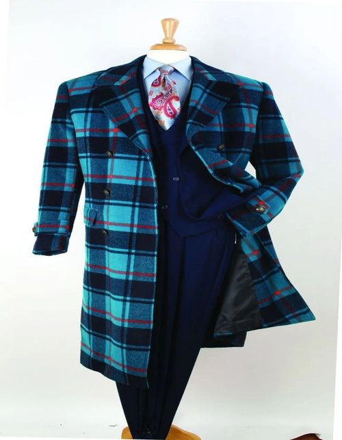 Men's Blue Plaid Wool Overcoat – Double-Breasted Long Winter Coat with Wide Lapel - Full Length
