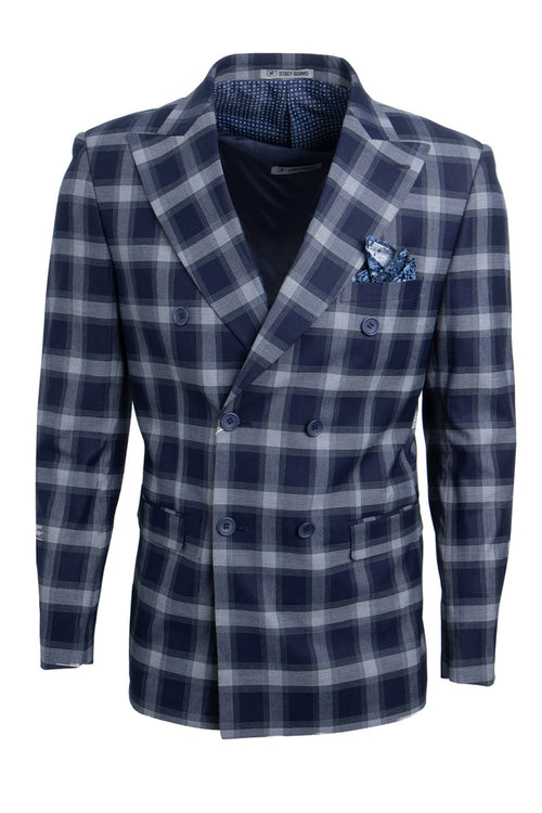 Bold Navy Men's Stacy Adams Double-Breasted Suit in Windowpane Plaid