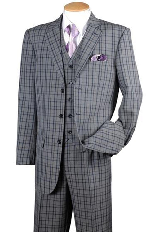 Mens 3 Button Vested Windowpane Plaid Fashion Suit in Black by Fortino Landiin