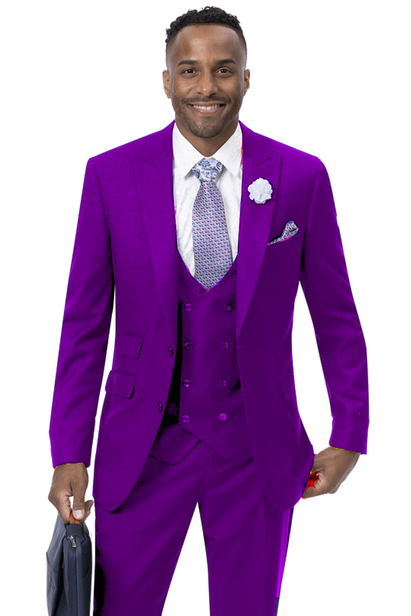 Mens Modern Two Button Vested Peak Lapel Suit with Double Breasted Vest in Purple – SuitUSA