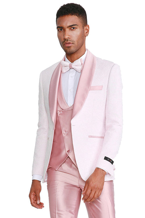Men's One Button Vested Paisley Prom & Wedding Tuxedo with Satin Vest and Pants in Pink by Tazzio