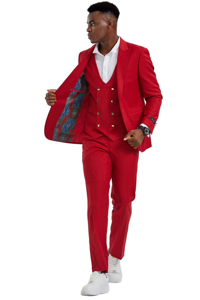 Men's Red Peak Lapel Suit with Gold Buttons by Tazio Suits