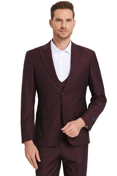 Men's Burgundy Windowpane Sharkskin Suit with Vested Peak Lapel
