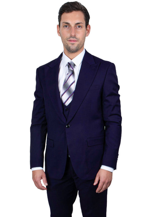 Men's Vested One-Button Peak Lapel Navy Blue Suit by Stacy Adams
