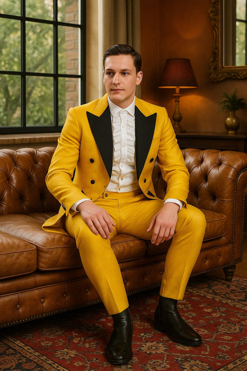 Mens Yellow Tailcoat Tuxedo with Black Lapel and Brocade Detailing – Formal Vintage Style Suit