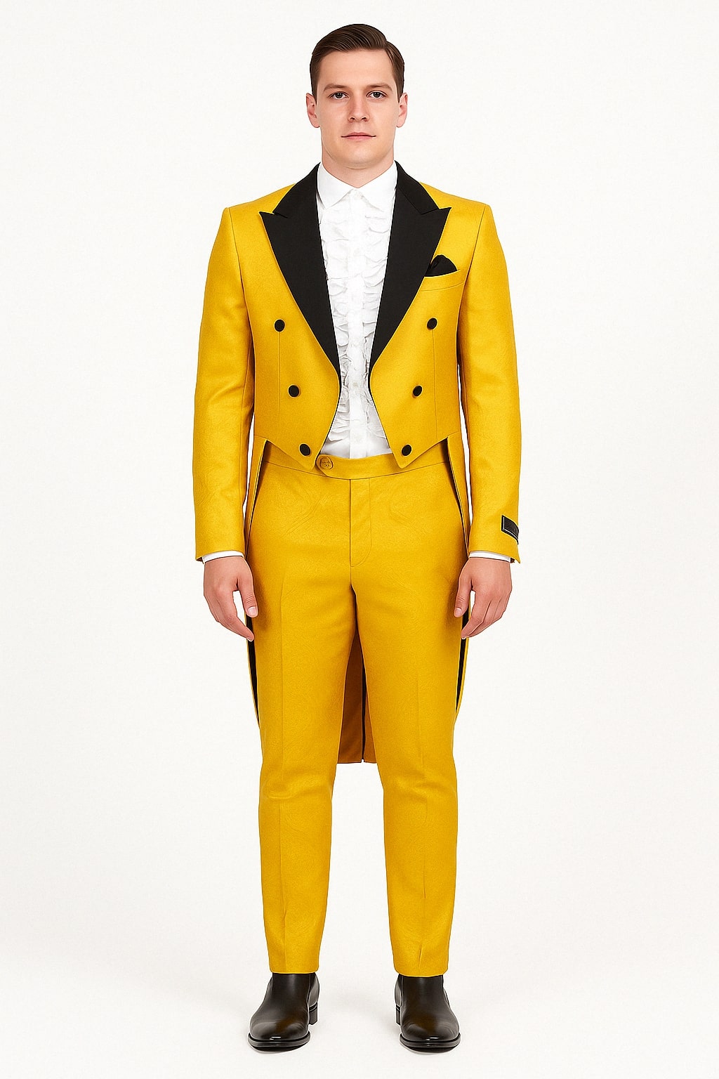 Mens Yellow Tailcoat Tuxedo with Black Lapel and Brocade Detailing – Formal Vintage Style Suit
