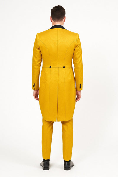 Mens Yellow Tailcoat Tuxedo with Black Lapel and Brocade Detailing – Formal Vintage Style Suit