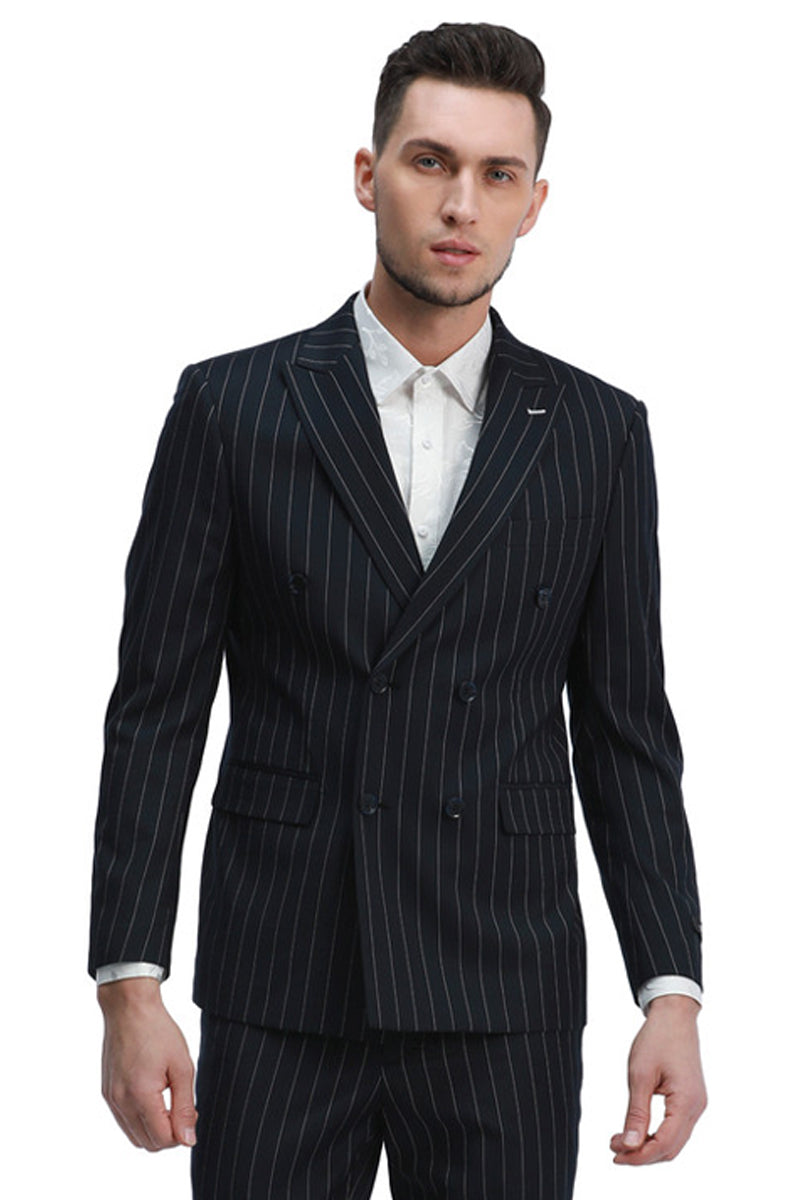 Men's Double Breasted Pinstripe Suit in Black