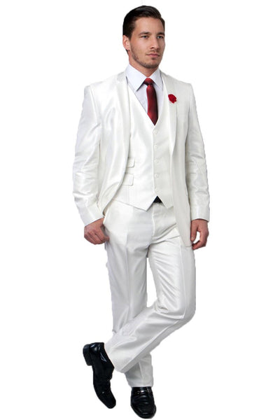 Men’s Ivory Sharkskin Vested Suit for Weddings & Prom