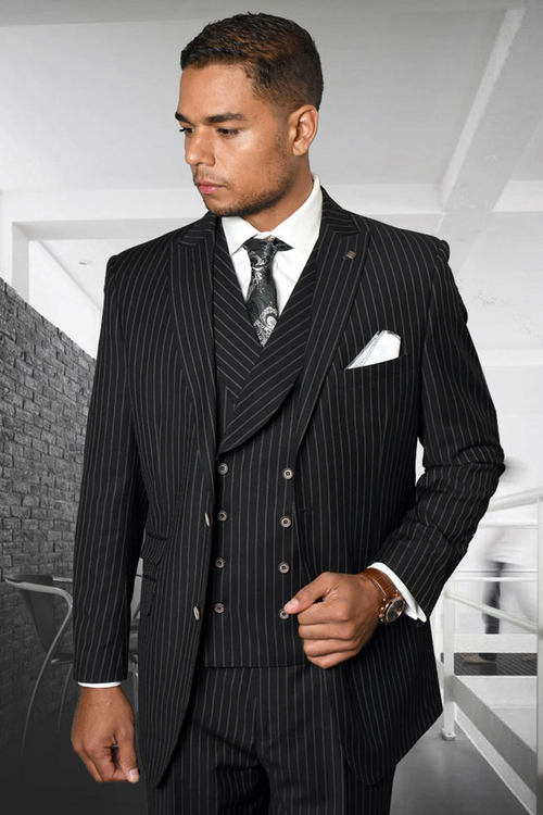 Bold Black Gangster Pinstripe Suit for Men