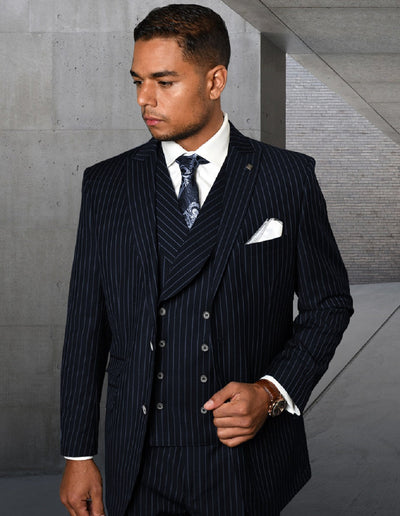 Mens Gangster Pinstripe 2 Button Double Breasted Vest Suit in Navy by Statement