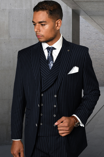 Men's Navy Pinstripe Pleated Suit with Vested Style