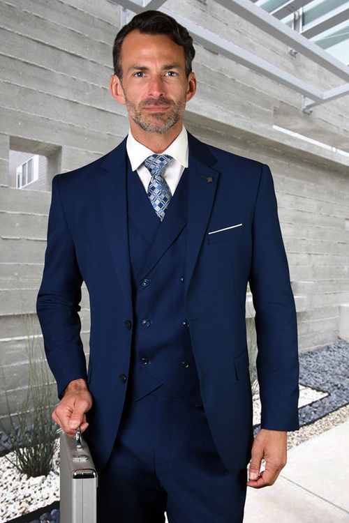 Men's Modern Fit Double Breasted Wool Vest in Sapphire Blue