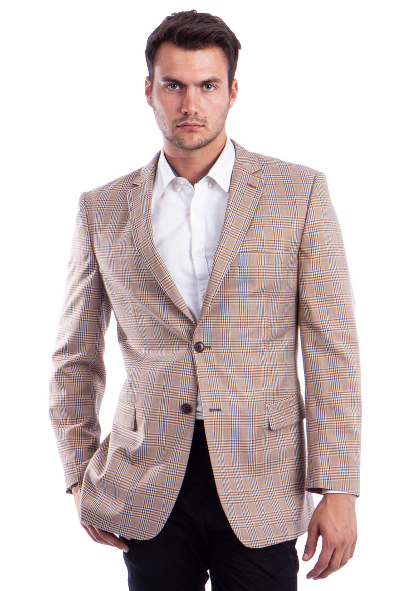 Men's Two Button Sport Coat in Tan & Blue Windowpane Plaid