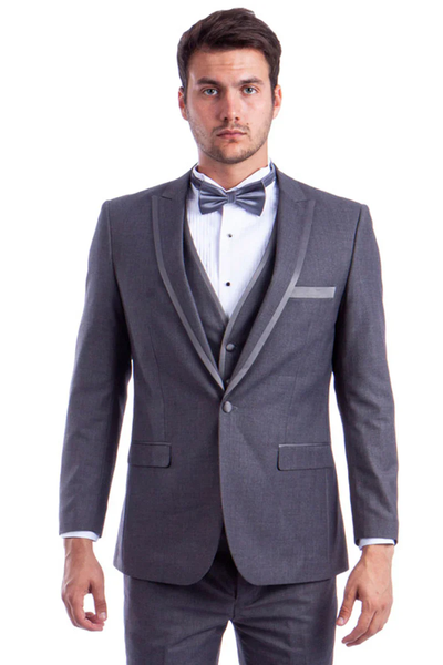 Designer Gray Prom Tuxedo - Grey Wedding One Button Skinny Fit Suit by PROMTUXEDO