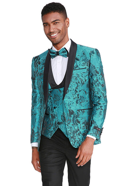 Turquoise Men's Slim Fit Prom Tuxedo with Paisley Shawl Lapel by Tazzio