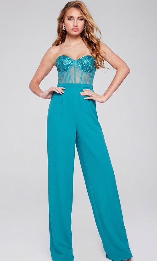 Jovani 42466 Corset Bodice Strapless Embellished Jumpsuit
