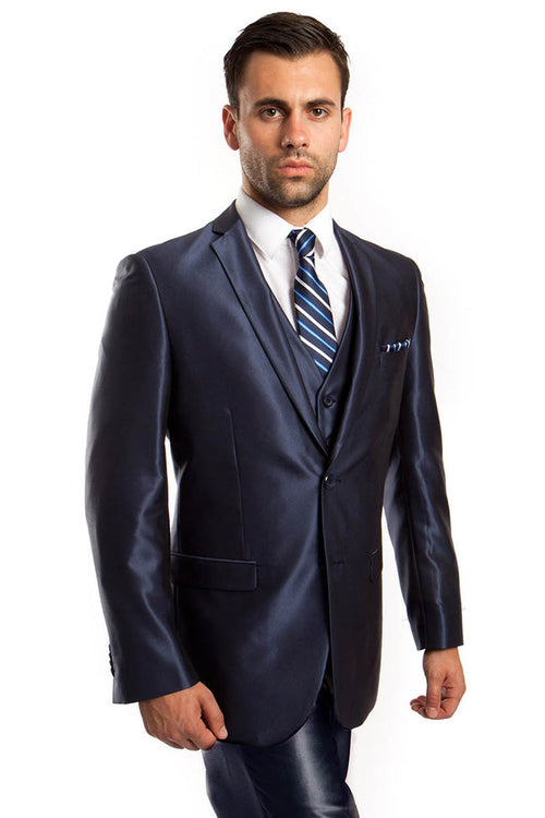 Men's Navy Sharkskin Vested Suit for Prom & Weddings