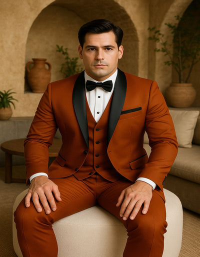 Men's Burnt Orange Tuxedo Suit – 3-Piece Slim Fit with Black Satin Shawl Lapel