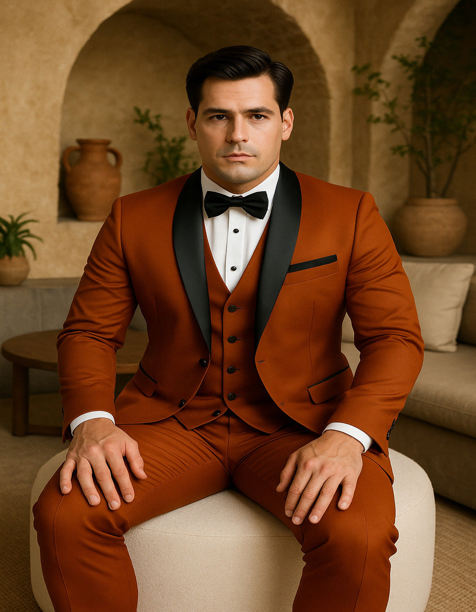 Men's Burnt Orange Tuxedo Suit – 3-Piece Slim Fit with Black Satin Shawl Lapel