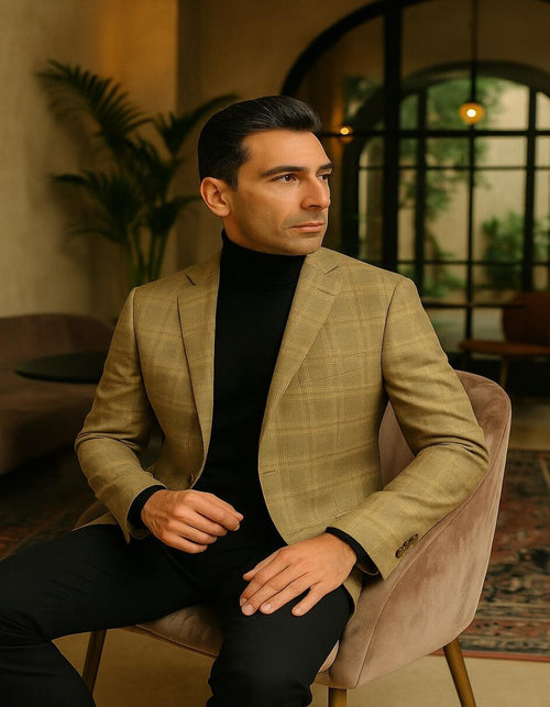 Men's Light Brown Plaid Sport Coat - Classic Check Blazer for Business and Casual Wear in Tan Windowpane Taupe Color by USA Men's Outlet