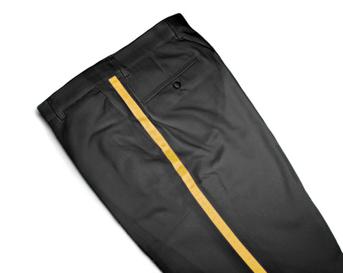 Mens Tuxedo Dress Pants Flat Front Satin Band Mens Tux Pant Trousers - Black with Gold Stripe