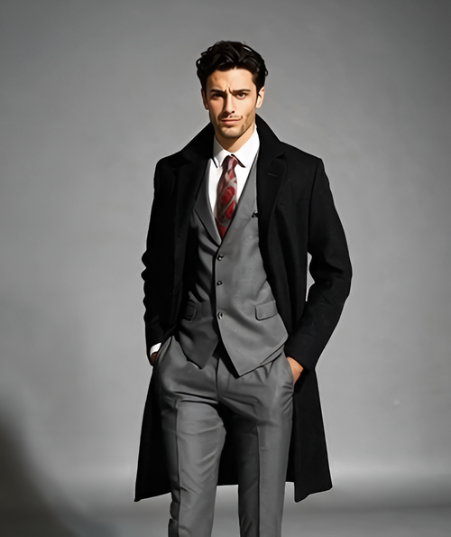 Men's Black Wool & Cashmere Overcoat - Classic Full Length Topcoat USA Men's Outlet