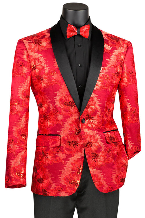 Mens Red Floral Sequin Tuxedo Jacket by Vinci Suits