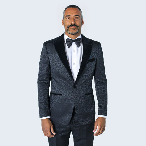 Black Paisley Pattern Tuxedo with Velvet Lapel By Stacy Adams - Wedding - Prom