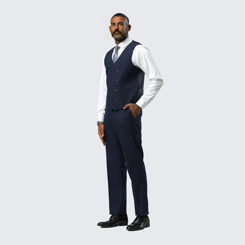 Navy Plaid Three Piece Suit By Stacy Adams - Wedding - Prom