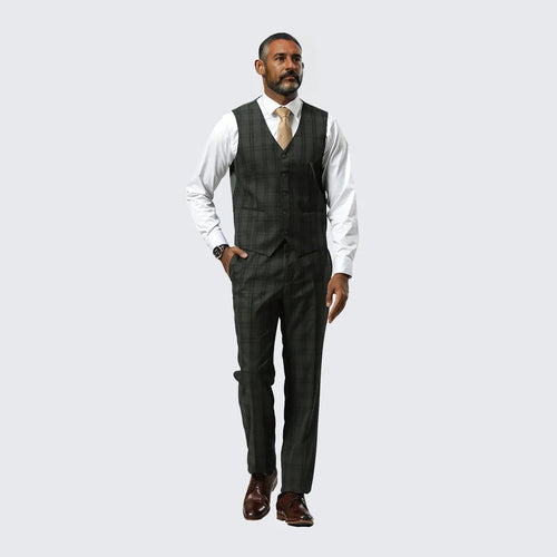 Green Watch Plaid Three Piece Suit By Stacy Adams- Wedding - Prom