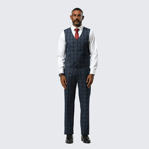 Navy Blue Watch Plaid Three Piece Suit By Stacy Adams- Wedding - Prom