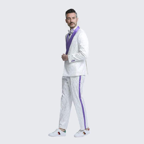 White and Purple Tuxedo with Textured Paisley Design Two Piece Set by Bryan Michaels