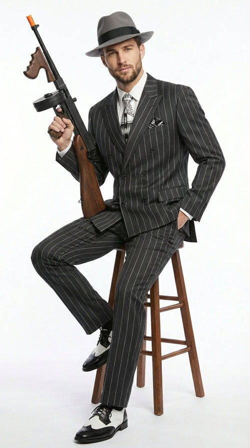 Mens Black Pinstripe AI Capone Suit – Vintage 1920s Gangster Style Three Piece Formal Suit