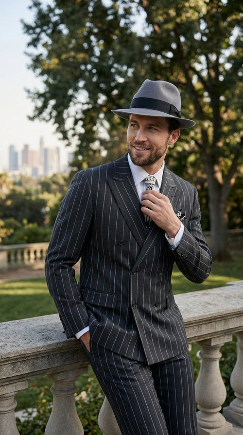 Mens Black Pinstripe AI Capone Suit – Vintage 1920s Gangster Style Three Piece Formal Suit
