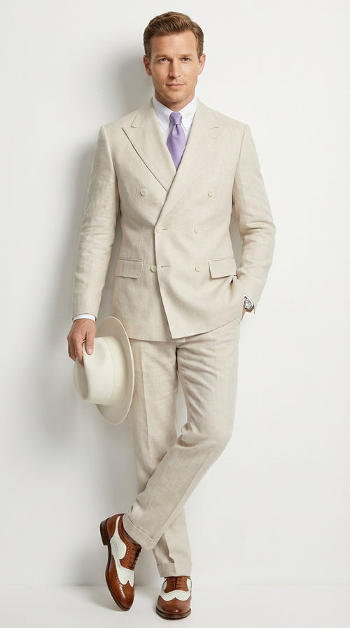 Mens Ivory Off White Double Breasted AI Capone Suit – Classic 1920s Vintage Gangster Style Formal Suit