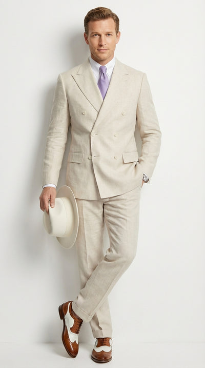 Mens Ivory Off White Double Breasted AI Capone Suit – Classic 1920s Vintage Gangster Style Formal Suit