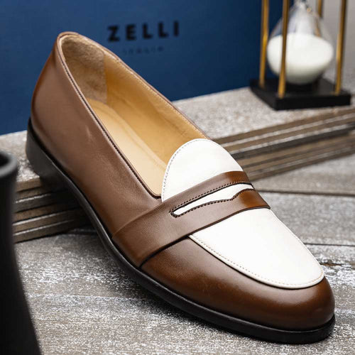 Zelli Alba Italian Calfskin Penny Loafers in Camel and Cream