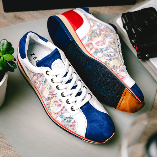 Zelli Alpha Blue Calfskin Sneakers with Sueded and Print Details